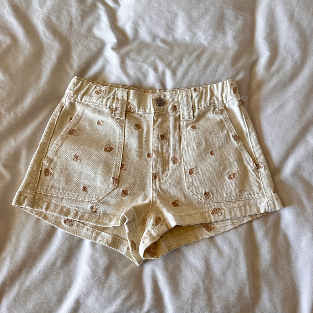 Pacsun ivory mushroom embroidered denim shorts